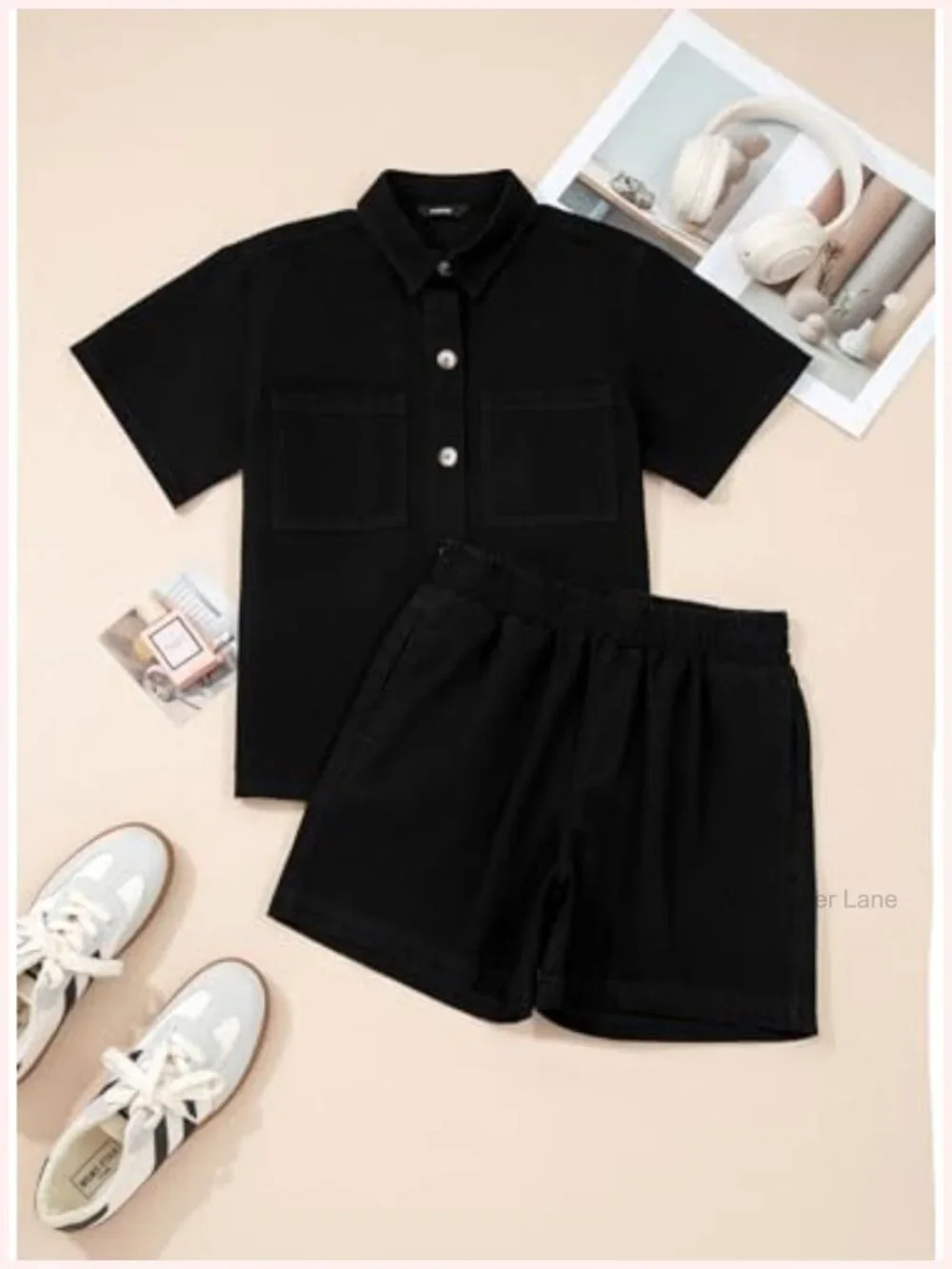 Women's 2 Piece Denim Lounge Set Short Sleeve Button Down Shirt High Waisted